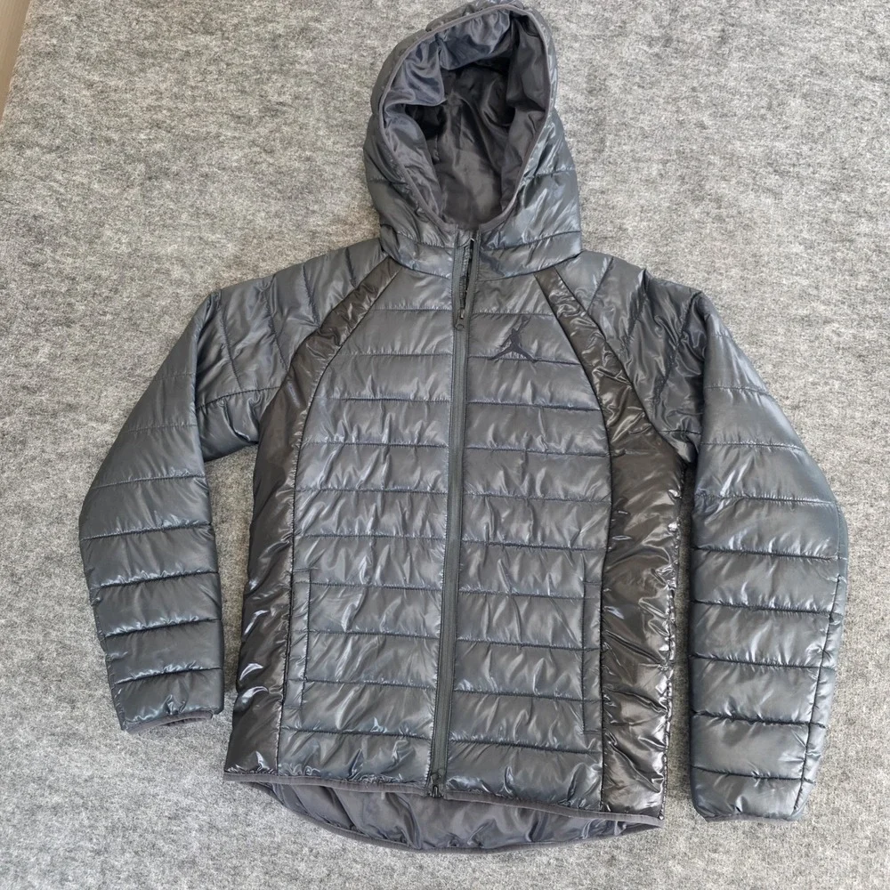 Jordan‎ Kids Puffer Hooded Jacket Gray Zip Up Lightweight Size XL